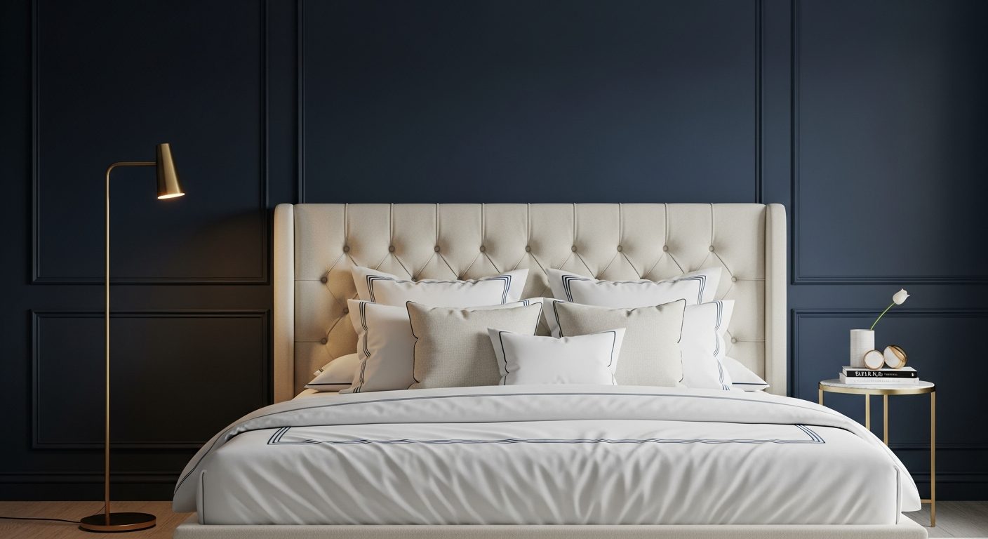 Recámara refinada con cama tapizada crema y muros azules