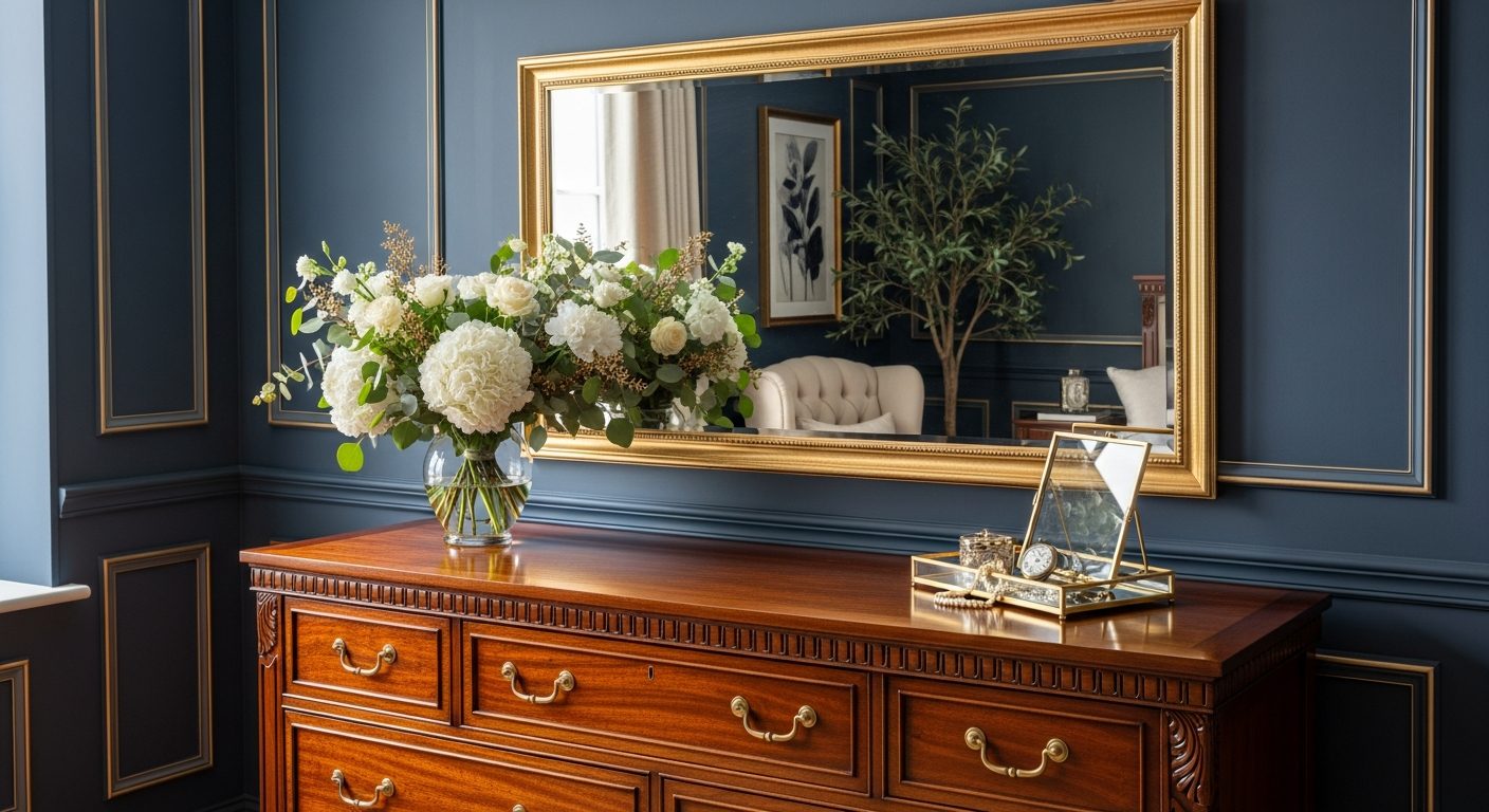 Cómoda de madera con espejo en interior elegante azul y oro