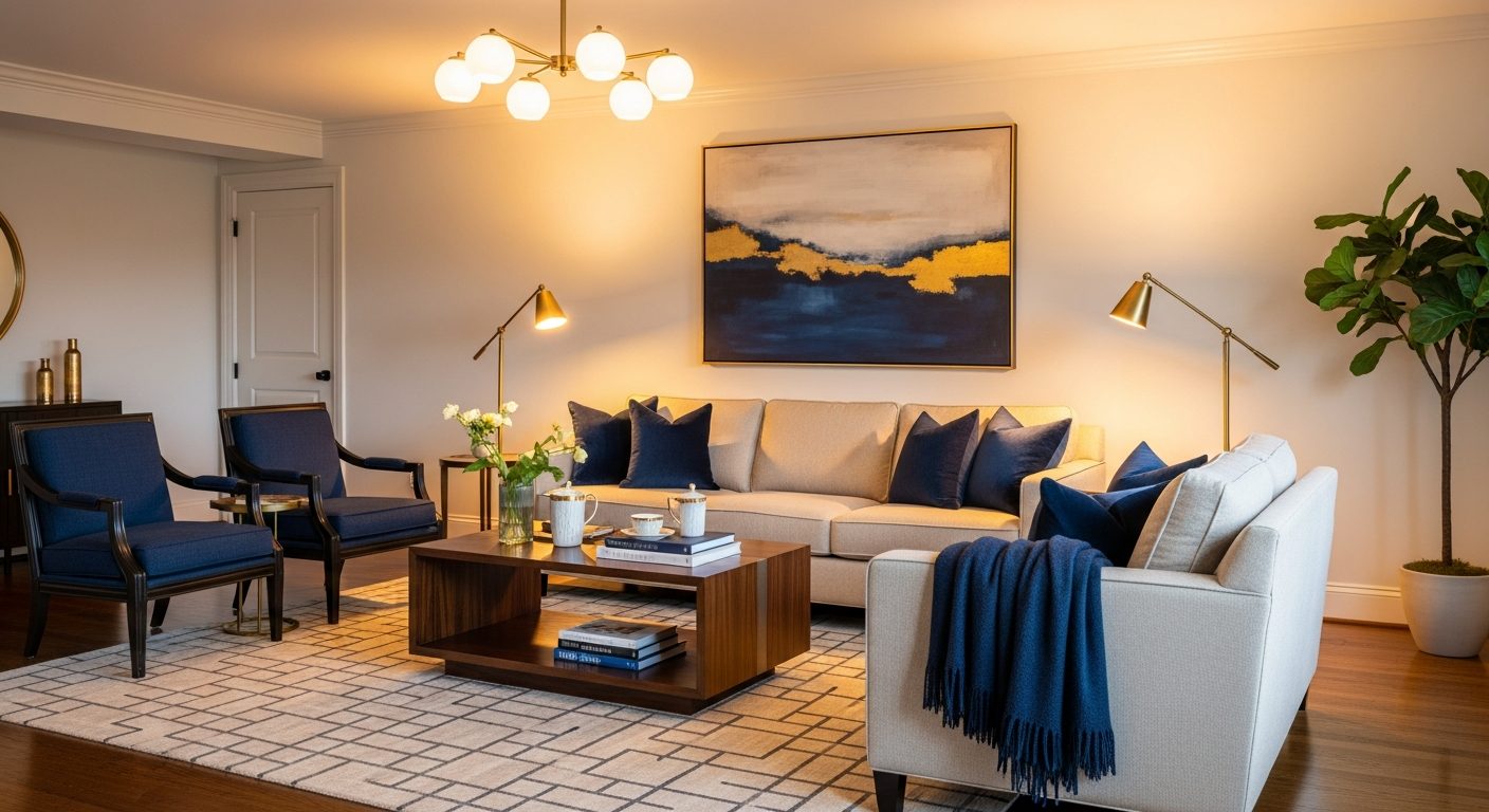 Sala sofisticada con sofá beige y acentos dorados