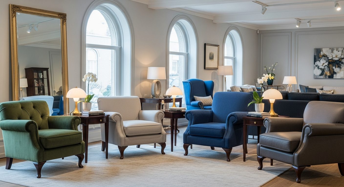Showroom elegante de muebles clásicos con sillones y mesas